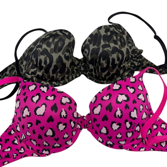 Victoria's Secret & PINK Bra Lot 34C Push Up Lightly Lined Leopard Print Bundle - Picture 1 of 7